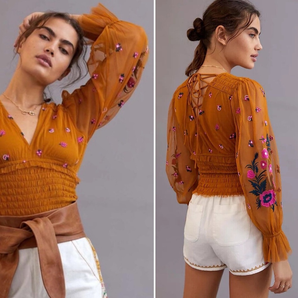 Anthropologie Embroidered Gold Yellow Smocked Tulle Blouse with Lace Up Back